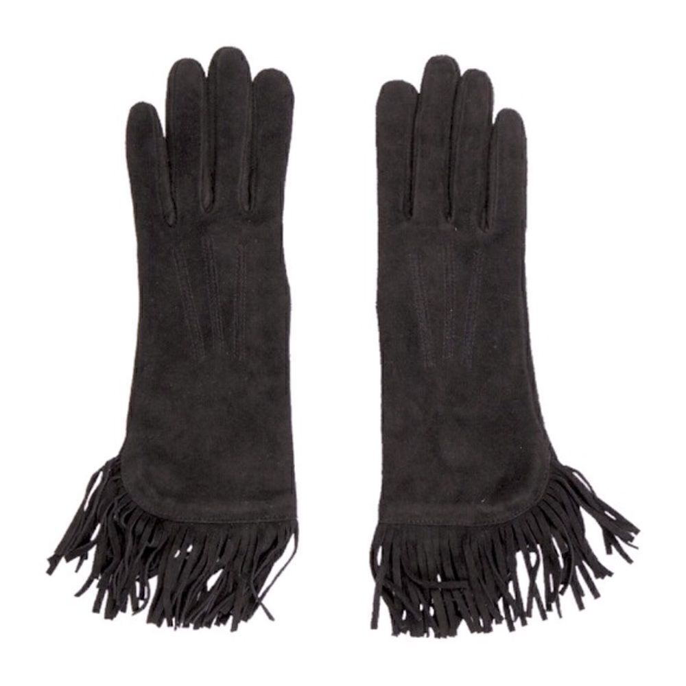 *Ralph Lauren Collection Black Cashmere Lined Lamb Suede Fringe Trimmed Gloves - Picture 9 of 16